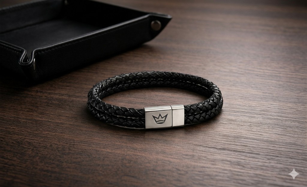 Pulseira masculina de couro trançada preta: elegância atemporal para o dia a dia